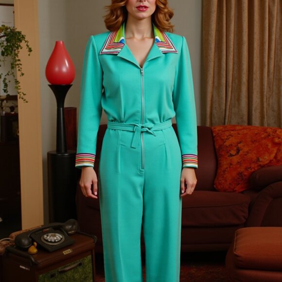 Groovy 70s Mint Jumpsuit - Mod Collar & Belted Waist - Time‎ Capsule Piece!